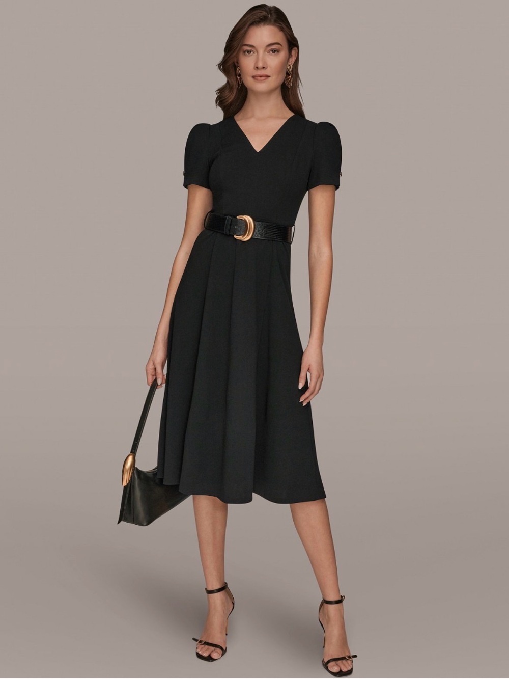 NWT Donna Karan Women's A-Line Belted Midi Dress. Size 10. Black - Picture 1 of 14